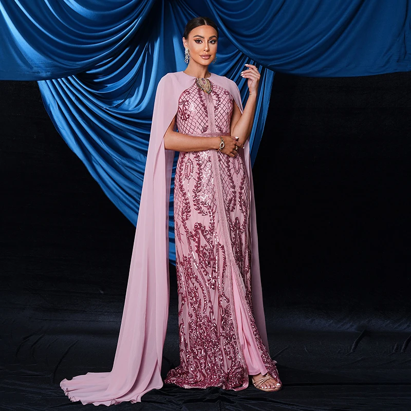 Vestidos rosa femininos manga voadora o pescoço lantejoulas ocasião formal cocktail baile de formatura festa noite longo maxi vestido 2025