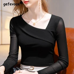 Sexy Mesh Sheer Patchwork Skew Collar Design Elegant Black Basic T Shirt Women New Fashion Long Sleeve Slim Ladies Tops Clothing