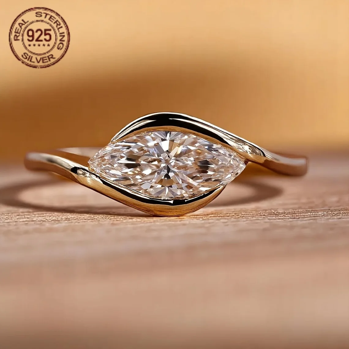 Soild 925 Silver Rings For Women Marquise Cut Horse Eyes Zircon 18K Gold Plated Minimalist Solitaire Lab Grown Antique Jewelry
