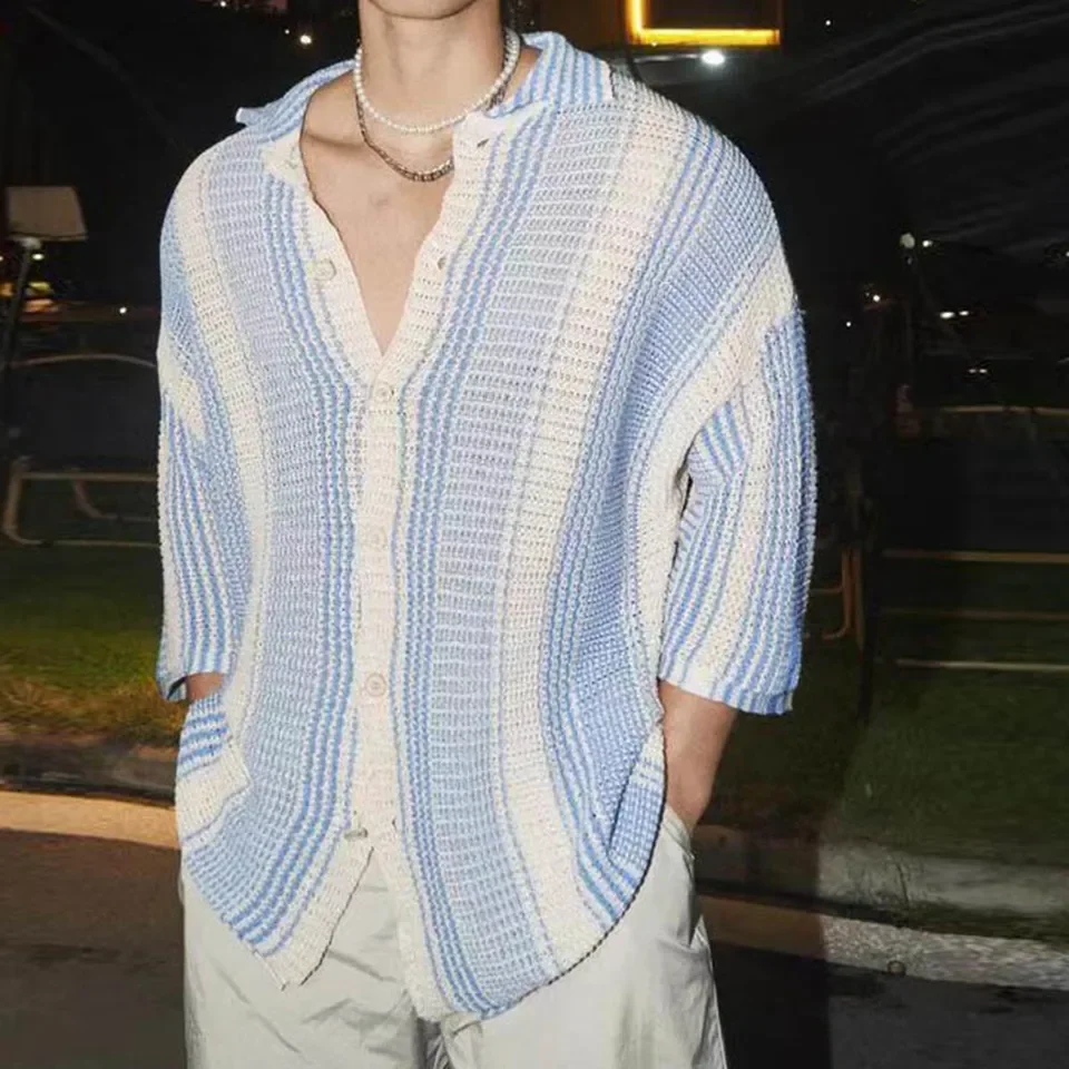 

Summer Clothing Men'S Luxury Hollow Out Knitted Short Sleeve Polo Shirt Leisure Striped Button-Down Shirts Breathable Knitwear