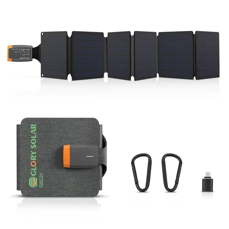 21W Portable Foldable Solar Panel USB-C Powered USB C Charger Camping Flashlight Compass Carabiner Cell Phone High Power 20W+