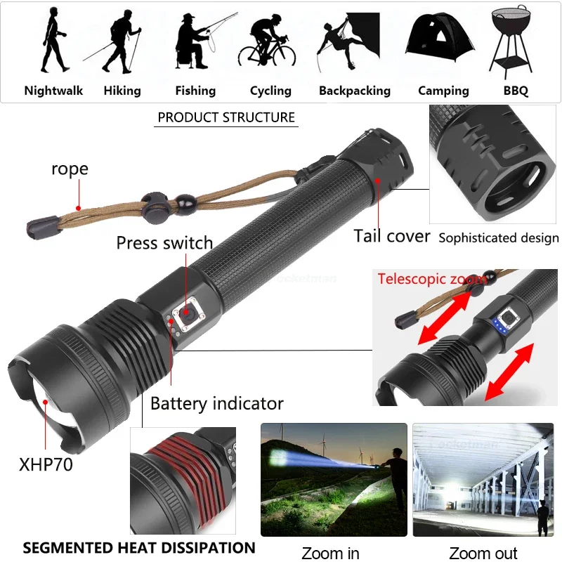 7000LM Powerful LED Flashlight XHP70.2 Rechargeable Torch XHP50 USB Zoom Lantern XHP70 Hunting Lamp Fishing Use 18650