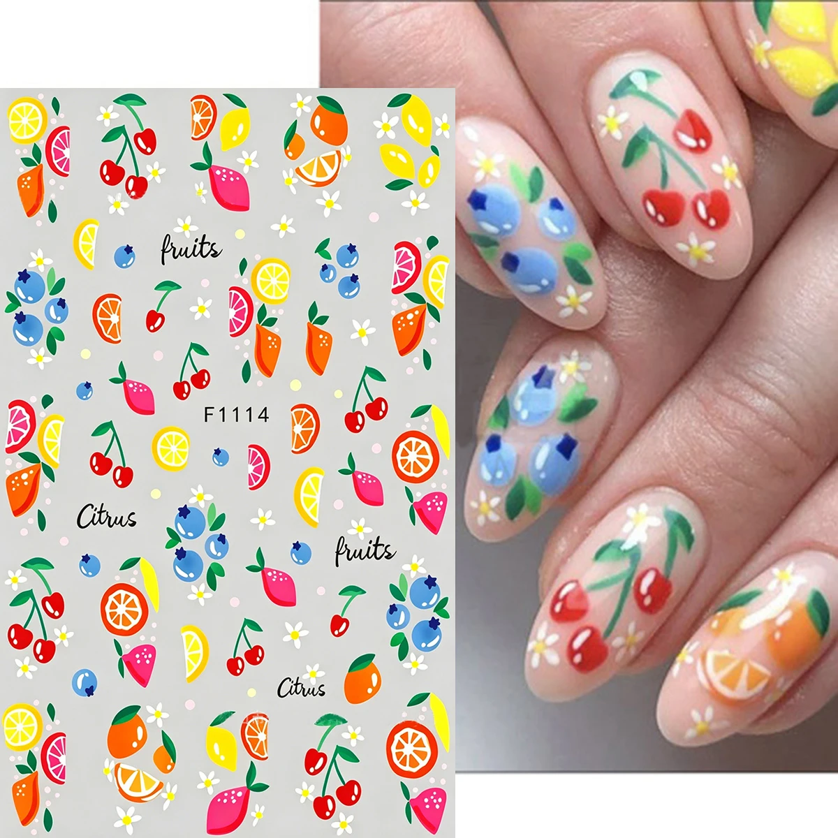 2-Sheets Summer Fruits Flowers Lemon Cherry Blueberry 3d Nail Stickers Nail Decals Nail Art Decals Manicures Tips DIY