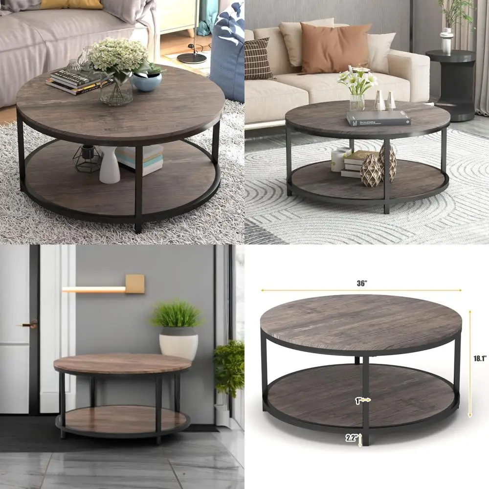 

Modern Rustic 2-Tier Wood Coffee Table with Storage Shelf for Living Room, 36 Inches Diameter