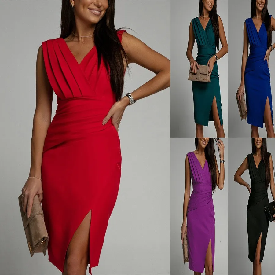 Elegant Party Dress V Neck Sleeveless Red Midi Dresses Pleated Bodice Side Slit Evening Dress Wrap Style Teal Formal Dress Maxi