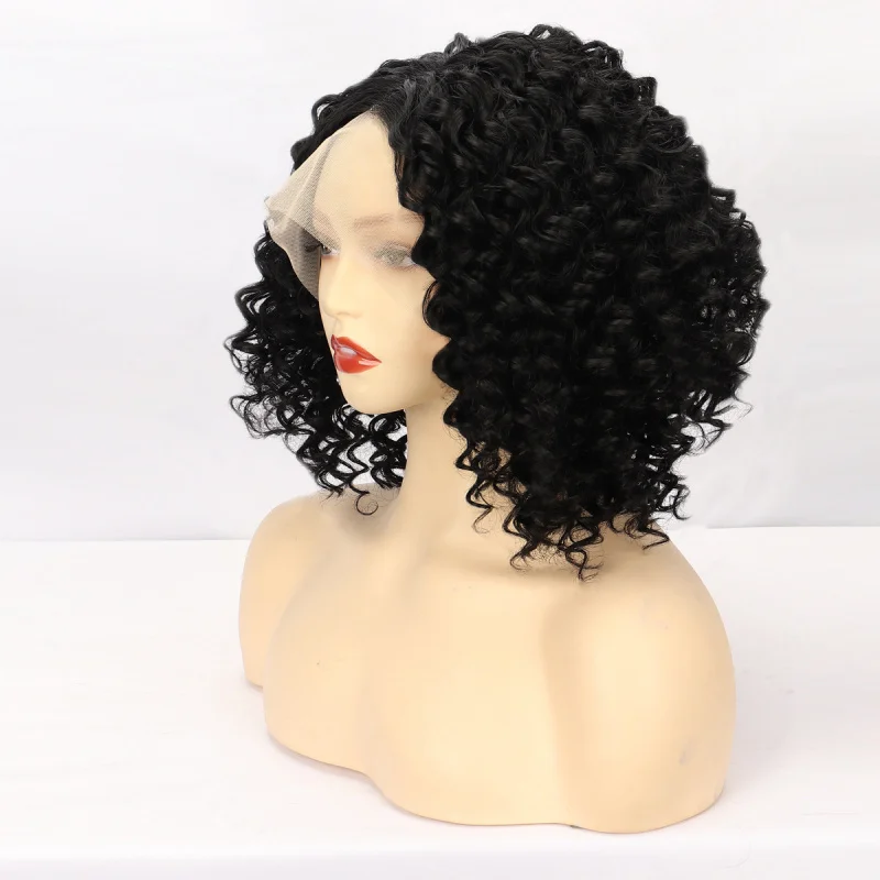 European and American lace front for women, black short curly hair, African small curls, synthetic fiber wigs