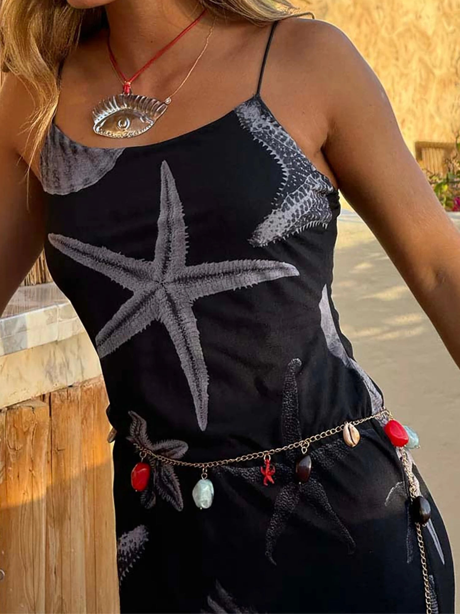 ผู้หญิงฤดูร้อนชุด Cami ยาวแขนกุดเปิดกลับ Seashell พิมพ์ชุดชายหาดสปาเก็ตตี้สายคล้องคอ Backless Bodycon ชุดยาว