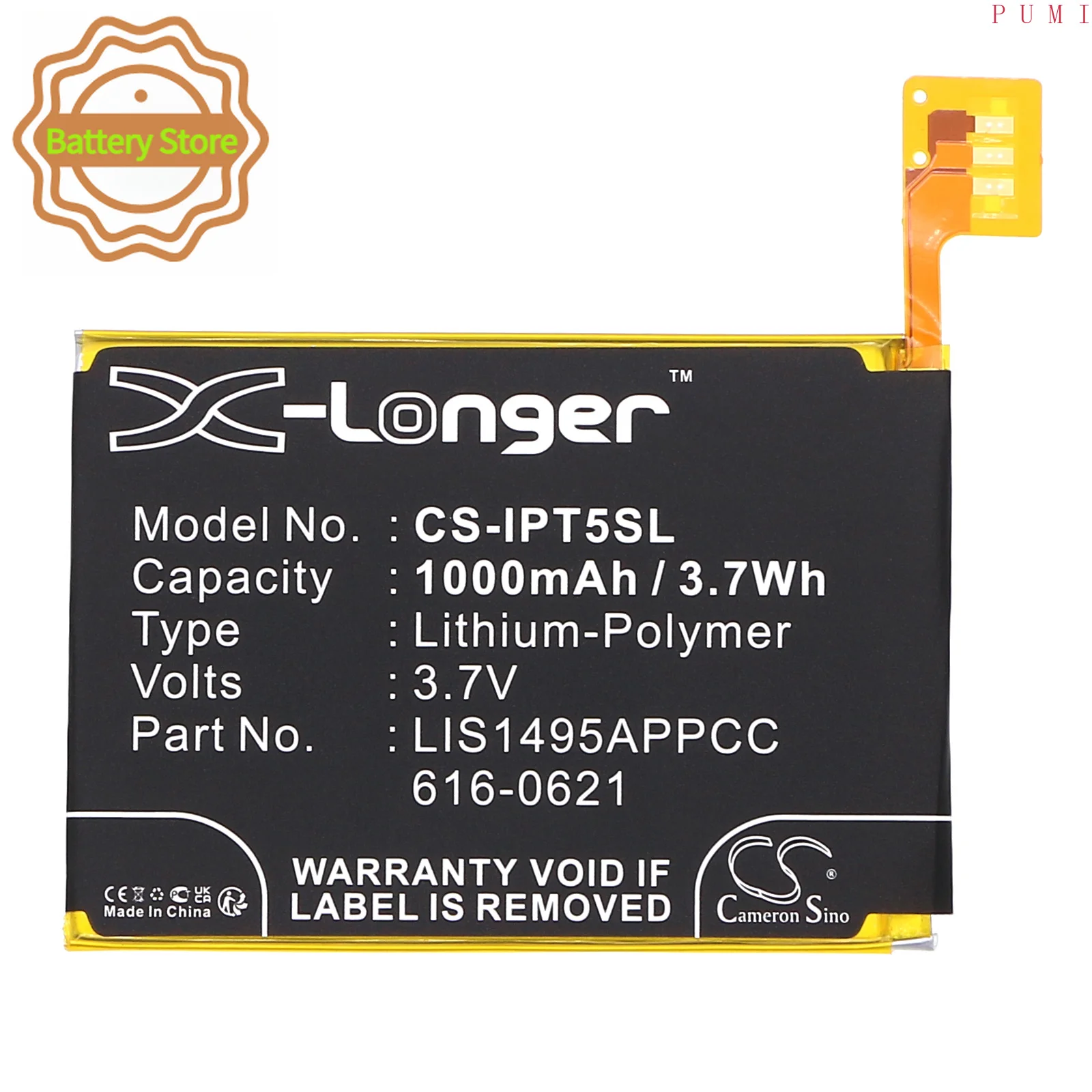 CS Replacement Battery for Apple iPod Touch 5,iPod Touch 5th Generation PN:616-0621,LIS1495APPCC,A1421 1000mAh / 3.7Wh