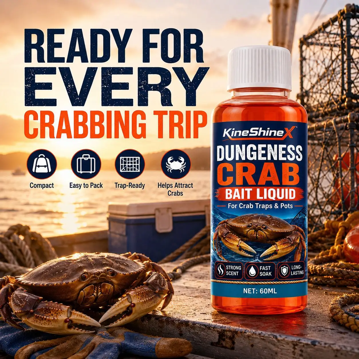 60ml Dungeness Crab Bait Liquid, Scent Attractant Additive for Crab Pots, Traps, Bait Boxes and Cages, Saltwater Crabbing Gear