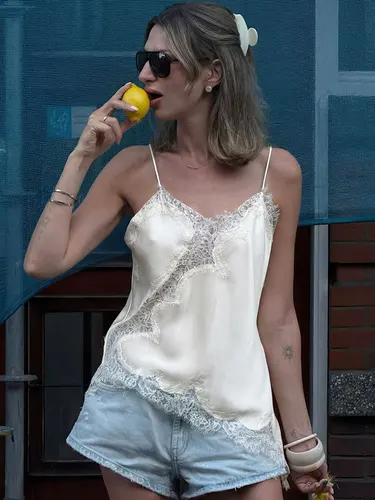 Imagen 1 del producto Camisola de encaje con costuras para mujer, top sin espalda con dobladillo asimétrico, sexy, tendencia de verano, para fiesta, club, noche, elegante