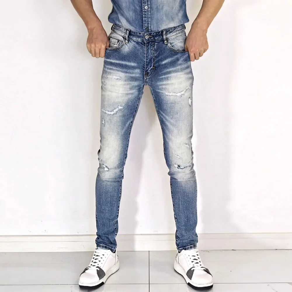 Men Light Blue Gradient Vintage Washed Ripped Stretch Slim Skinny Jeans Mid Waist Casual Hip Hop Streetwear Denim JeansY2K