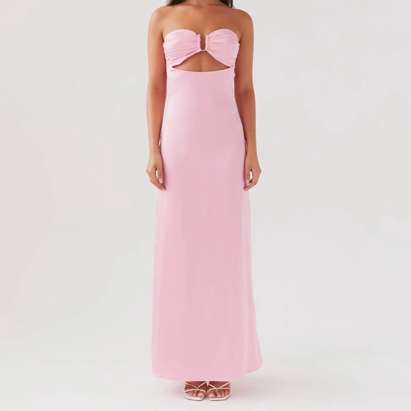 فستان Maemukilabe نسائي طويل بدون حمالات بلون سادة/طباعة الأزهار فستان طويل موضة الصيف بدون ظهر مع وشاح