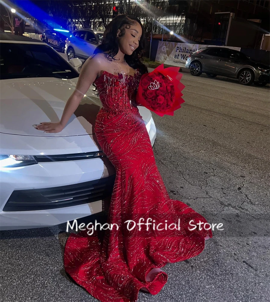 Sparkly Rode Lange Galajurk 3D Bloem Pailletten Jurk Kraal Kwastje Steentjes Bruiloft Verjaardag Feestjurk Diamanten Aangepast
