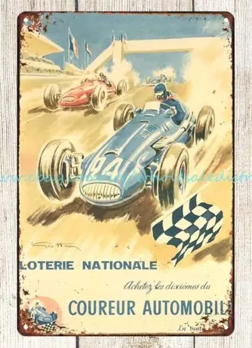 1940's Loterie Nationale car auto racing metal tin sign garage wall signs