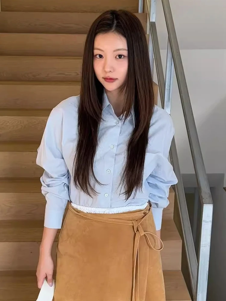 

ular Casual Long Sve Cotton irt Women's Collar Light Blue Warm Outerwear KoreanSle Loose Fit with ks in Dai...