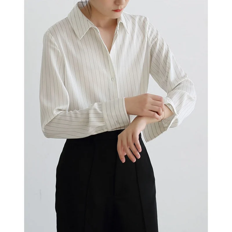 Korean Style Striped White Shirt Women Commuting Professional Long Sleeve Blouse Elegant Female Shirts Female Luxury Clothing