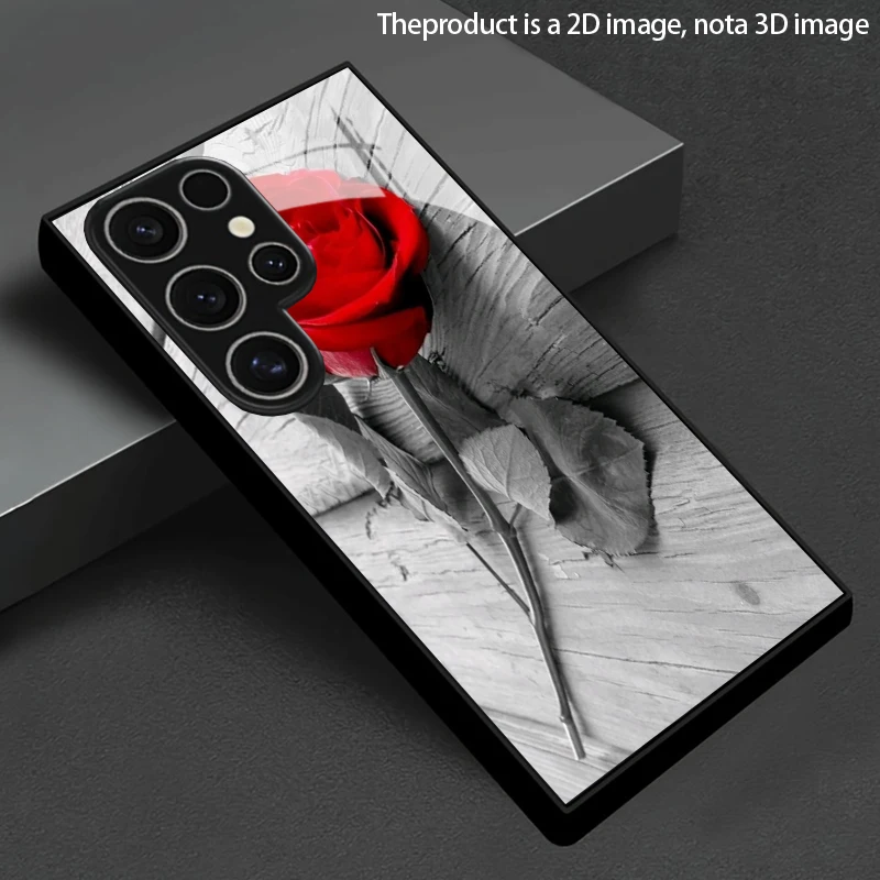 Red Rose Pattern 2D Phone Case for Samsung S26 S25 S24 S23 S22 S21 S20 A56 A55 A36 Tempered Glass Protective Cover
