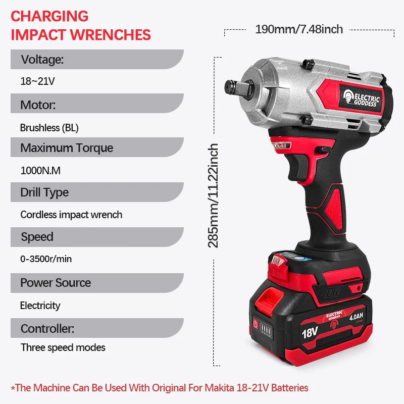 Deusa elétrica 1000n.m grande torque chave elétrica motor sem escova reparação de carro pistola de vento de impacto portátil para makita 18v bateria