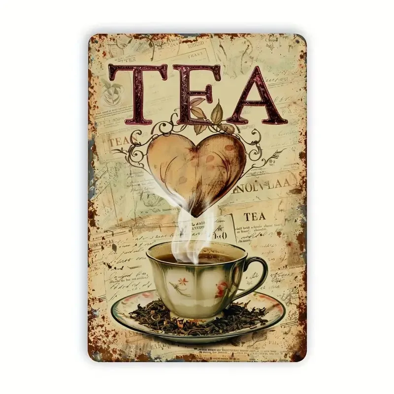 Vintage Tea-Themed Metal Tin Sign, Rustic Cup of Tea Wall Art, Durable Construction, Electricity-Free, Featherless, with G