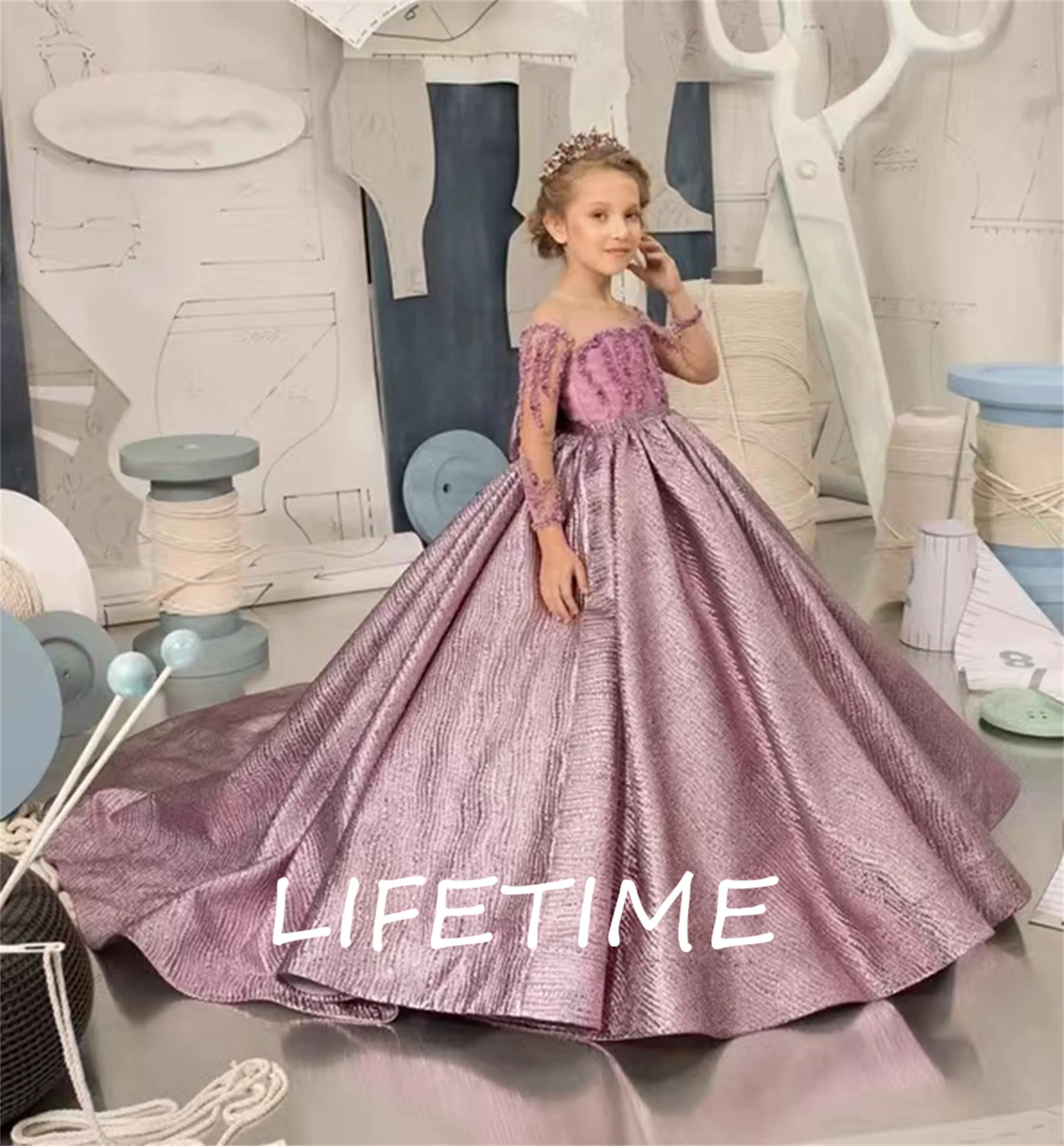 Flower Girl Dress for Wedding Purple Off the Shoulder Long Sleeve Beading Princess Ball Gown Train Birthday Party Dress