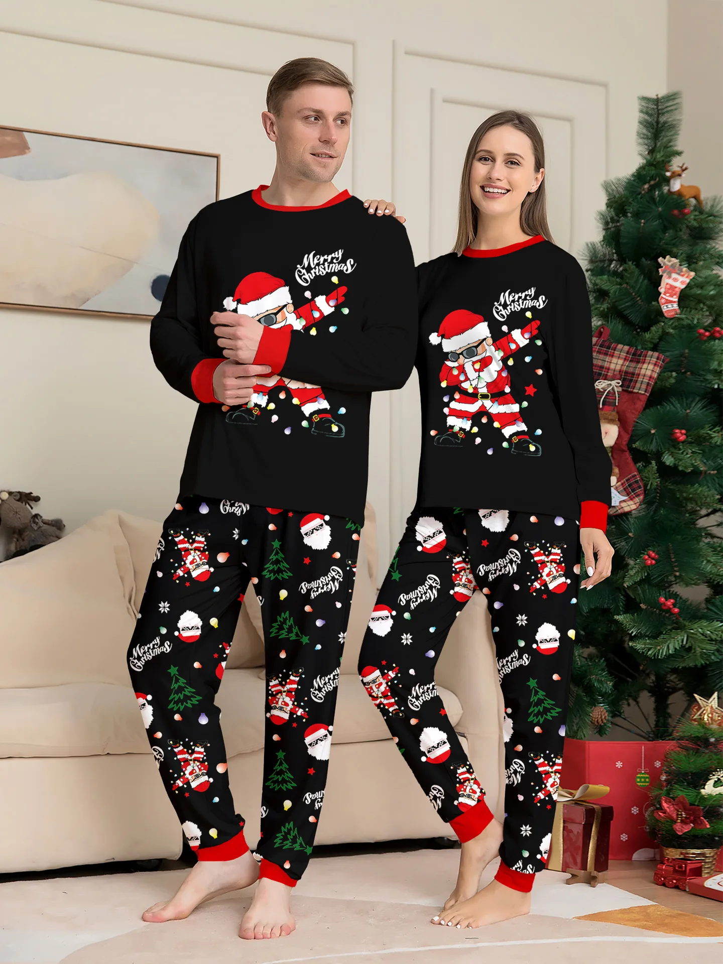 Christmas family clothing, 2-piece set of autumn and winter Christmas home wear and pajamas for a family of three