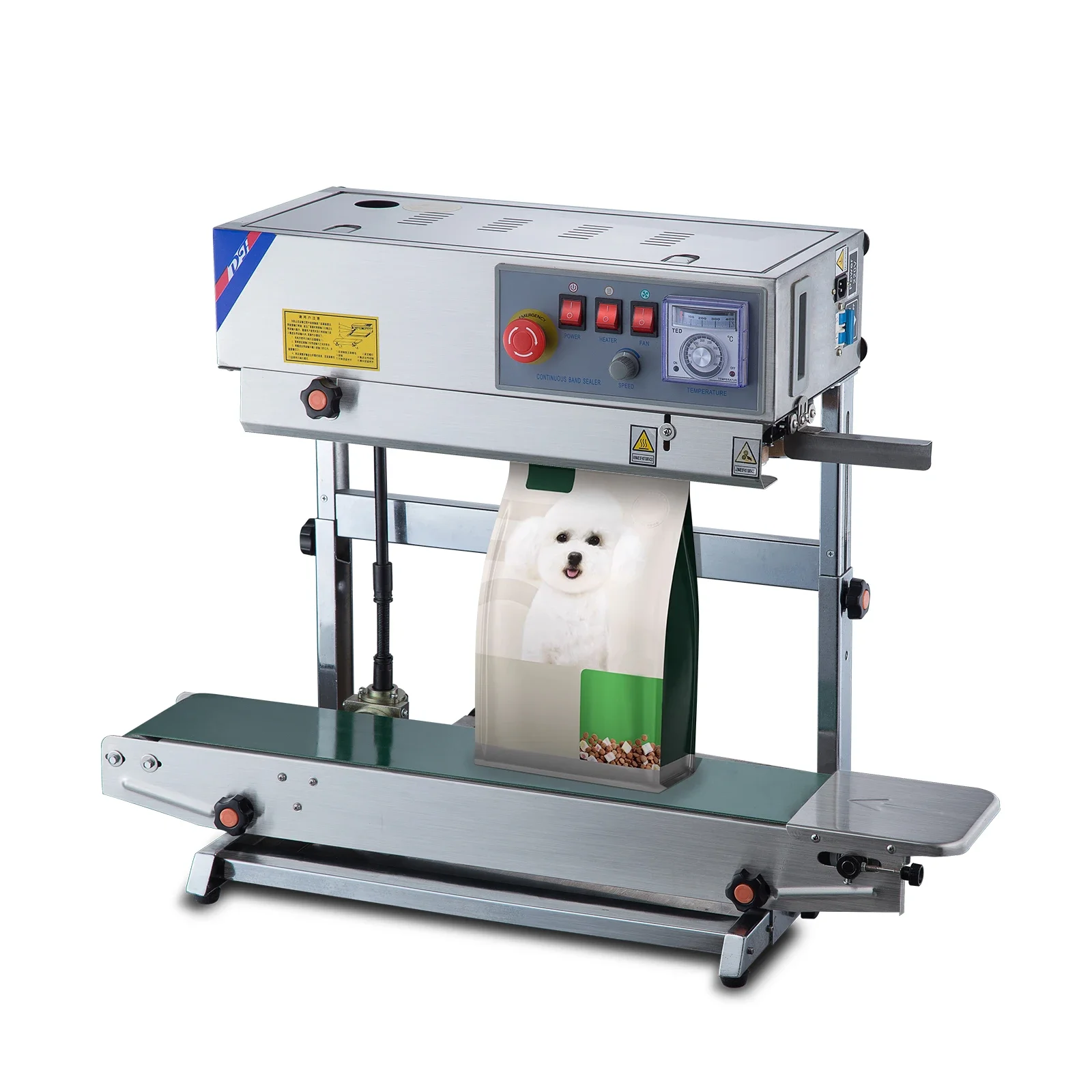 Red automatic belt drie coneyor continuous sealing hine with printer for sealing bags and ertical bags