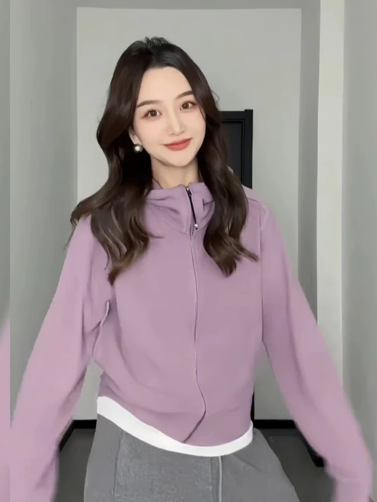 Purple Hooded Sweatshirt Women's plus Size Spring Autumn New Style Velvet Stand Collar Open Cardigan Slimming Top