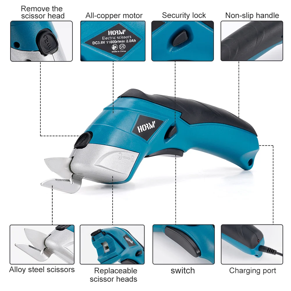 Hormy USB Rechargeable Electric Scissors 3.6V Fabric Leather Fabric Cardboard Plastic Cutting Tool with Built-in 2.0Ah Battery
