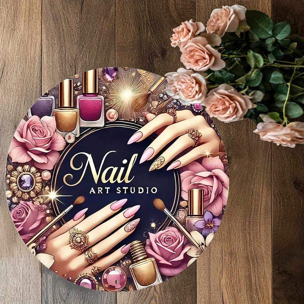 7.8X7.8 Inch Round Aluminum Nail Studio Sign - an Elegant Salon Decoration Featuring Floral And Makeup Designs, Perfect for Room