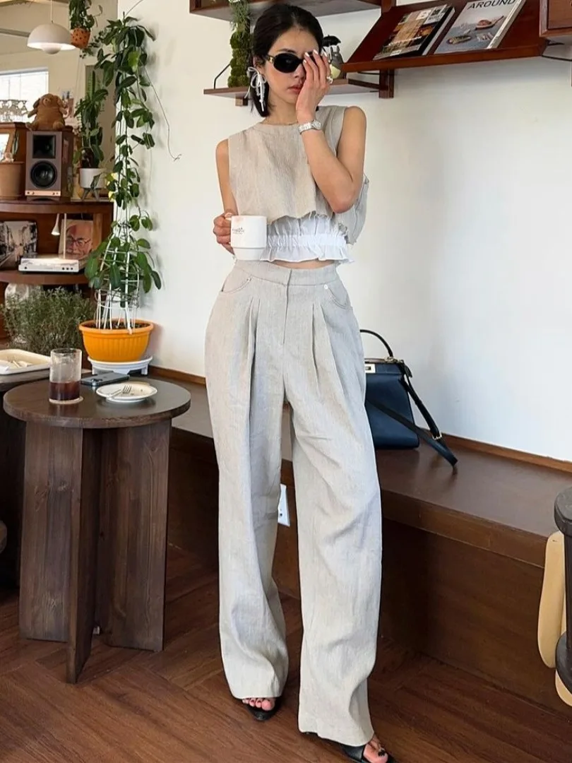 ผ้าฝ้ายลินิน Svel เสื้อกั๊กเอวสูง ort ความยาว Anti-Light การจับคู่ขากว้างกางเกงขายาวผู้หญิงหวาน Sle ชุด