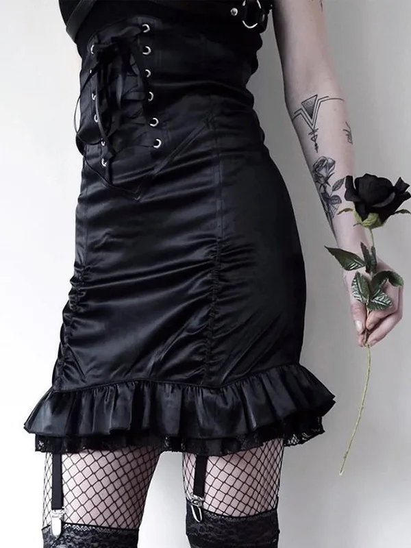 

High Waist Pleated Lace Hem Wrap Hip Skirt Street Sle A-Line Skirt with Tie Detail Pure Color ort Skirt for Women