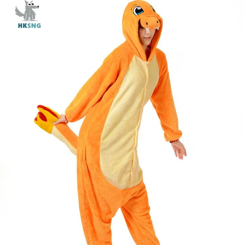 HKSNG Animal Adult Charmander Dragon Onesies Kigurumi Pajamas Flannel Cartoon Cosplay Dress Up Costume Jumpsuits Pyjamas