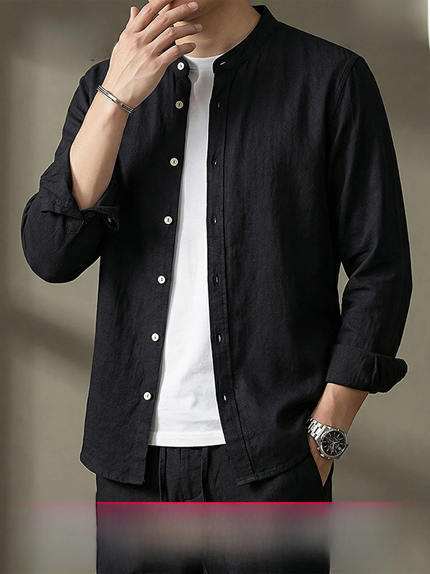 Hengyuanxiang Men's Long Sleeve Shirt Casual Collar Breathable Standard Fit Cotton Linen Blend Spring Autumn Wear Button up