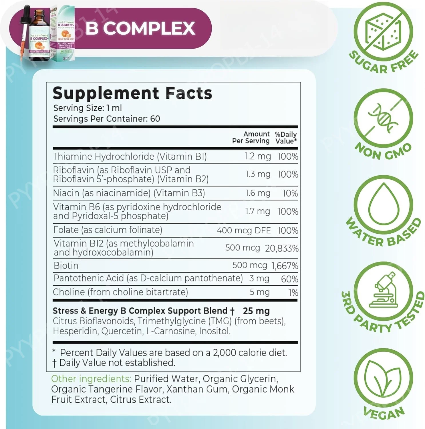 Vitamin B Complex Liquid Drops Supplement Vegan B1 B2 B3 B5 B6 Biotin Folate and Choline Plus Blend for Energy Support 60ml