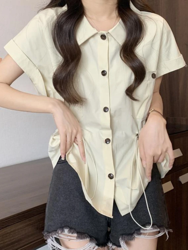 

Fashion Elegant Shirts Turn Down Collar Short Sleeve Solid Color Draw String Blouses Summer Plus Size Female Slim Women Clothing