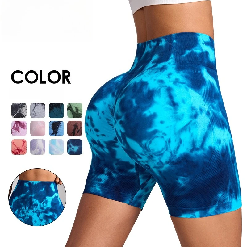 Women's Yoga Shorts Seamless Tie-dye High Waist Belly Fitness Sports Peach Hip Three-point Pants