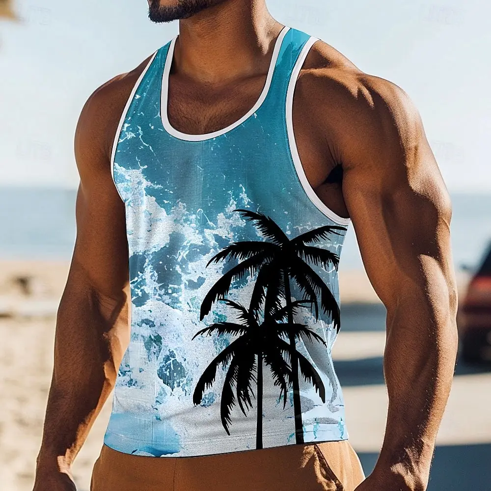

Hawaiian Style Men's Casual Tank Top 3D Print Palm Tree Graphic Sleeveless Tees Summer Seaside Holiday Outdoor Quick Dry Clothes