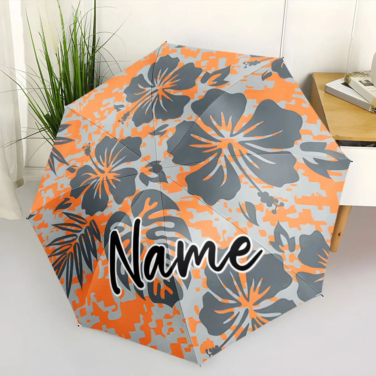 Custom Name Bold Floral Pattern Umbrella Print 8 Iron Ribs Folding Umbrella Auto-Open Fashion Sunshade