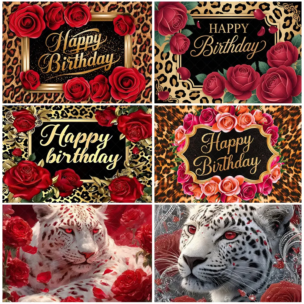 

Red Rose Champagne Leopard Theme Backdrop Girl Birthday Party Decorations Gold Balloon Photography Background Photo Banner Props
