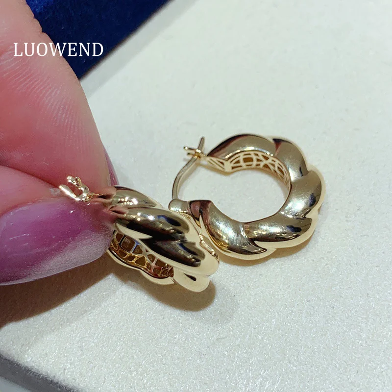 LUOWEND 100% 18K Yellow Gold Earrings 18.7mm Romantic Shiny Style Hoop Earrings for Women High Engagement Jewelry