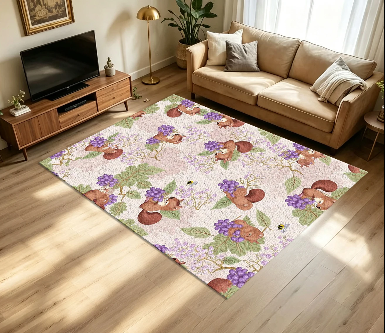 Cute Squirrel Grape Fruit Carpet Flooring Cartoon Forest Animal Botanical Repeating Pattern Printed Floor Rug for Household Room Home Decor