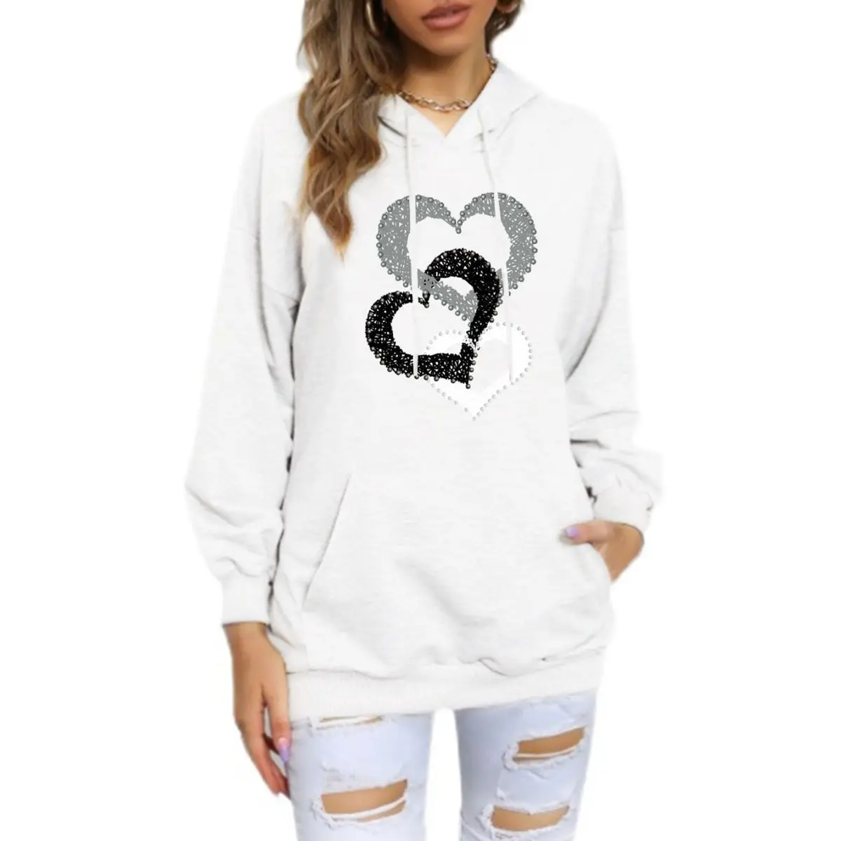 Spring Autumn Women's Fashion Heart Print Back Wrap Hoodies Collar Plush Warm Long Sleeve Hooded Women Sweatshirts