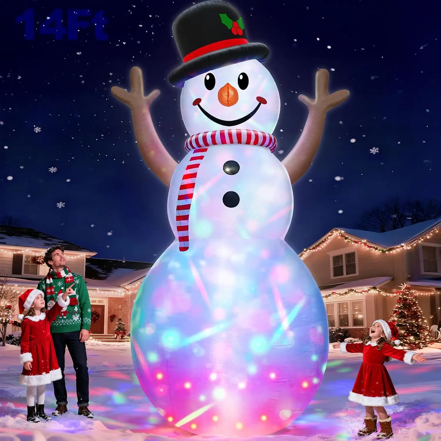 Huge 14 Ft by 7.5 Ft Christmas Inflatable Snowman Outdoor Holiday Decoration with Rotating Colorful Lights, Hat and Scarf