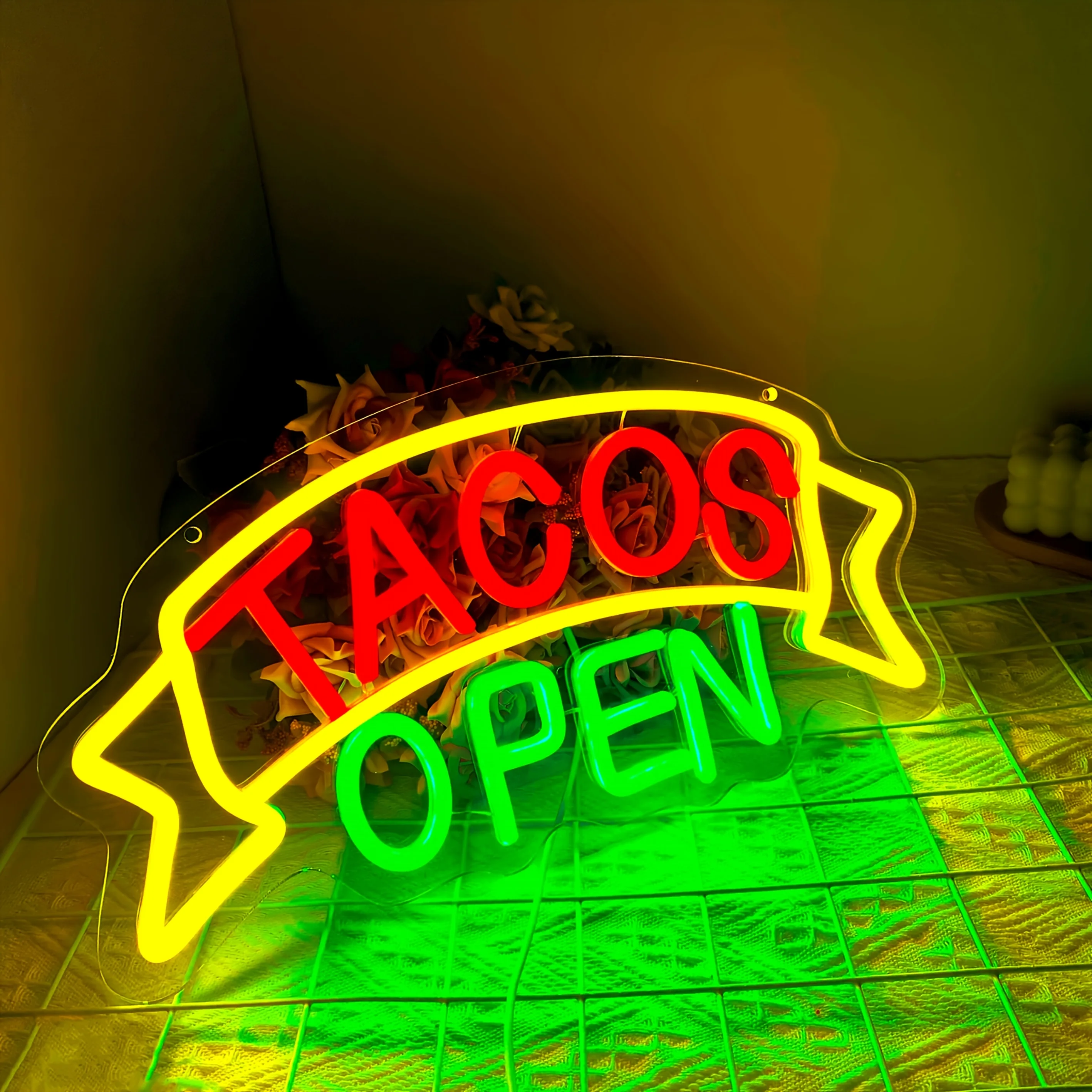 USB Tacos Open LED Neon Sign Dimmable Wall Light Mexican Food Decor for Restaurant Kitchen Bar Party BBQ Shop Grand Opening Gift