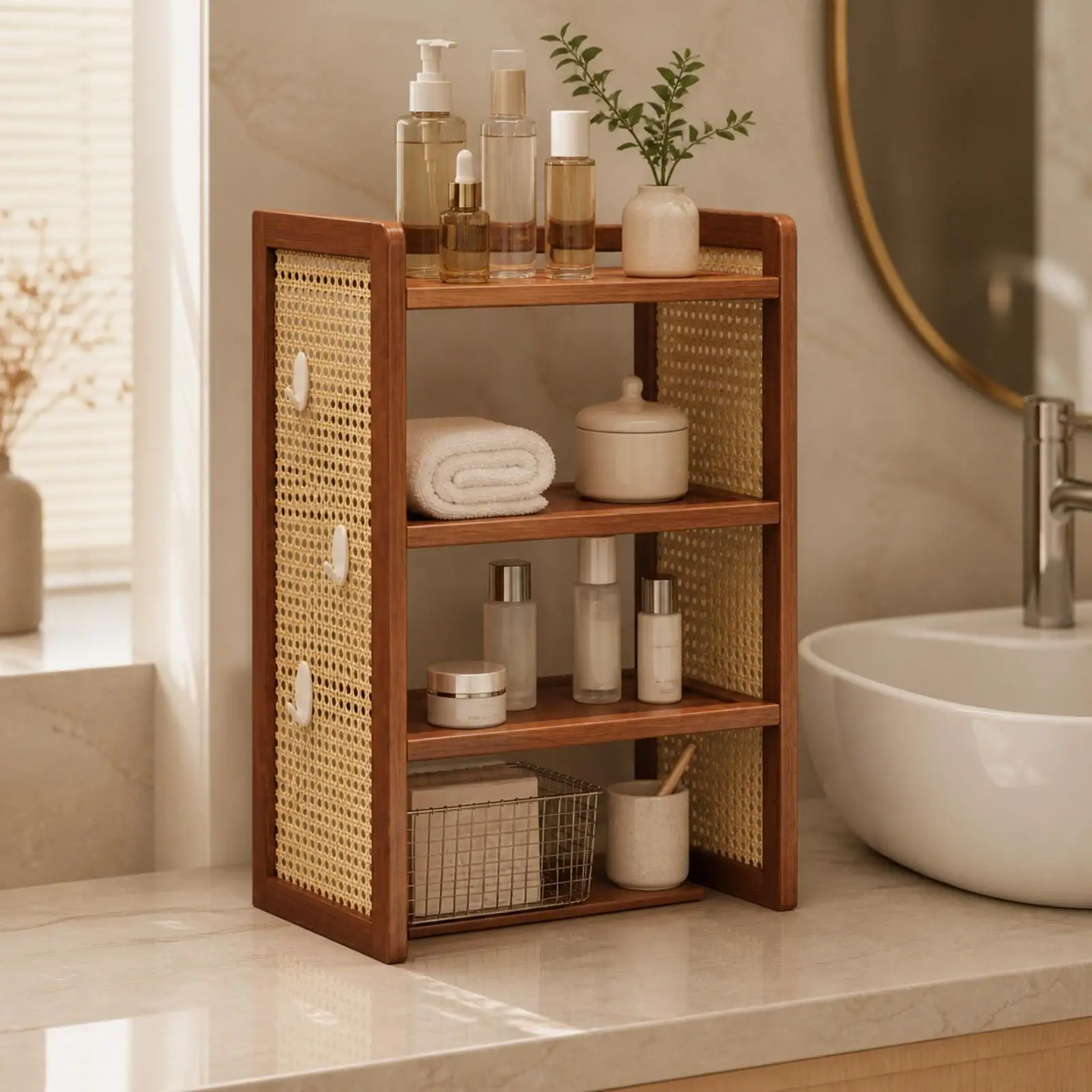 Bamboo Desktop Storage Rack Space-Saving 4-Tier Desk Shelf with Pegboard Sides Sturdy Bamboo Tabletop Organizer with Shelves for