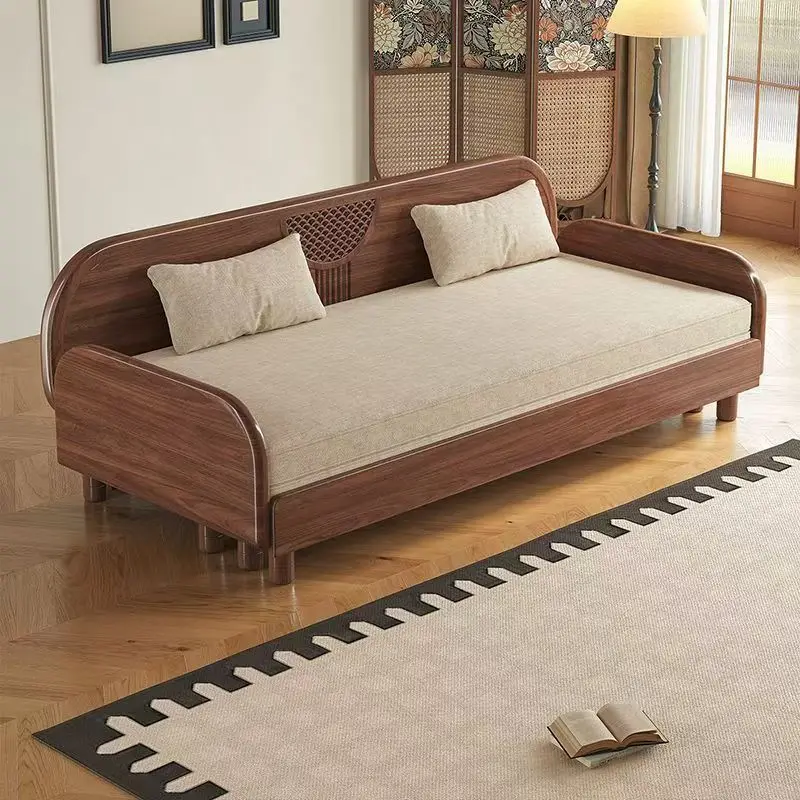 Nordic solid wood folding sofa bed living room black walnut sitting and sleeping sofa small apartment fabric sofa