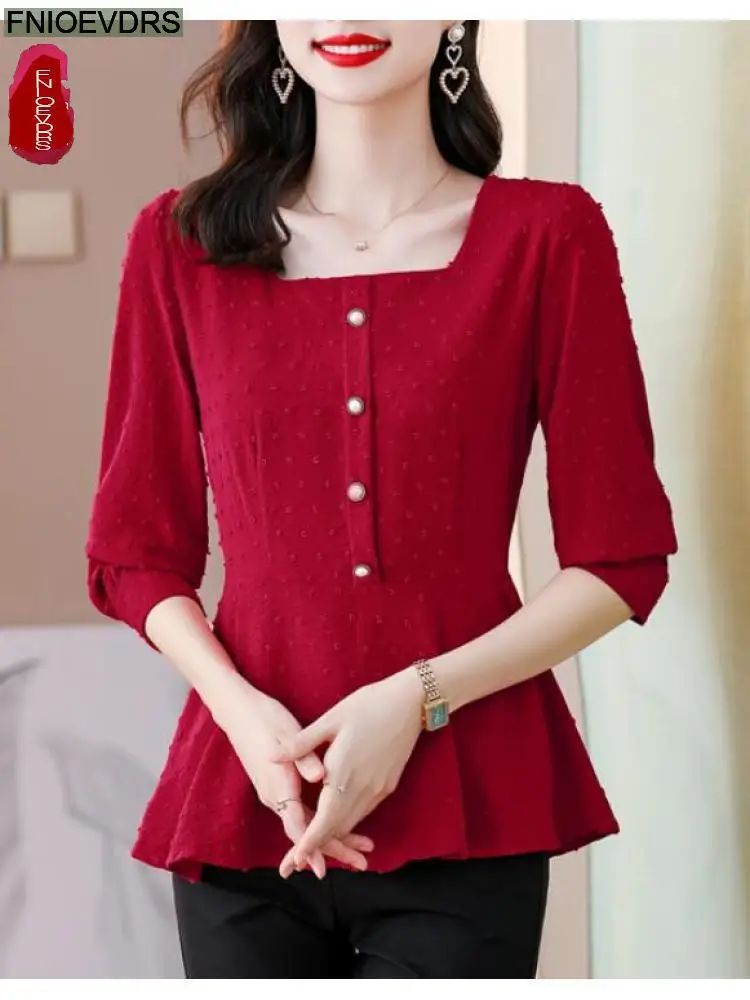 S-3XL 2023 Women Autumn Basic Wear Elegant Office Lady Work Button Shirt Casual Red Retro Vintage Peplum Tops And Blouses