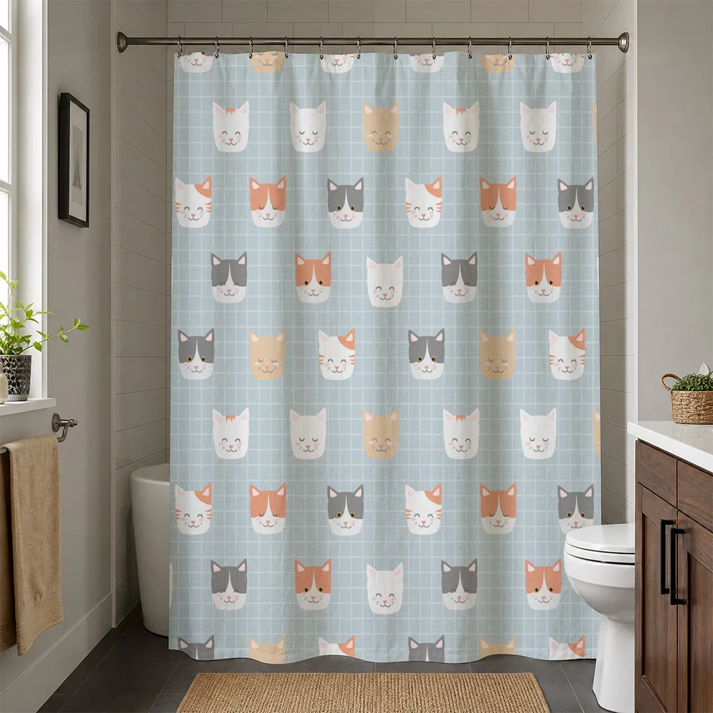 Adorable Puppy Face Pattern Shower Curtain Liner Waterproof Bathroom Curtain Decor Cute Pastel Animal Print Shower Screen