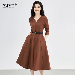 ZJYT Designer Elegant Women's Autumn Dress Long Sleeve 2024 Fashion Solid Breif Black Aline Casual Dress Female Clothing Vestido