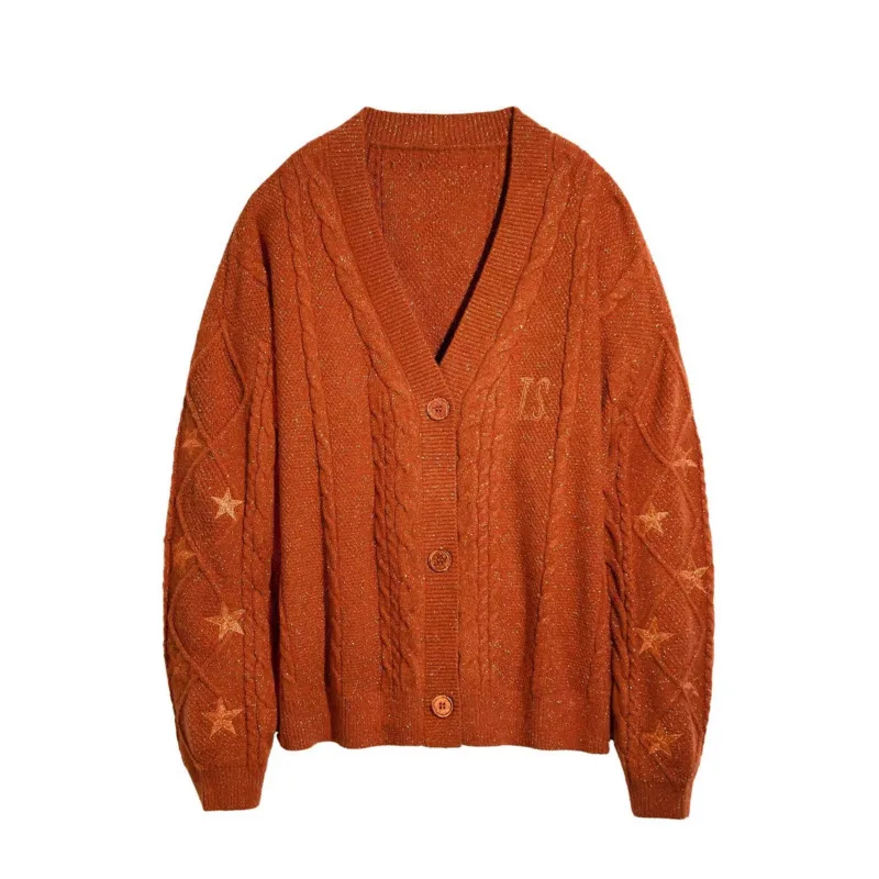 

Embroidered Stars Long Sleeve Knitted Sweater Women's Autumn Winter Loose Lazy Elegant Multi Style Solid Color Buttoned Cardigan